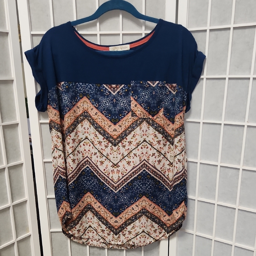 Rewind Chevron Pattern Blue Cap Sleeve Top